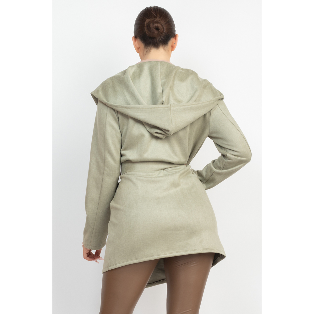 Suede Hooded Waist-tie Belt Jacket - Picture 4 of 7